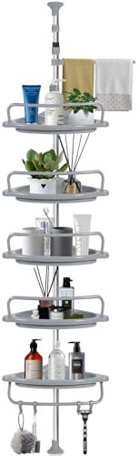 GUHAOOL Telescopico Mensola Doccia, Angolare Mensole Bagno Senza Forare, Mensola Doccia in Metallo Regolabile in Altezza 100-320 cm, 5 Portaoggetti Bagno con 4 Ganci e 1 Porta Asciugamani