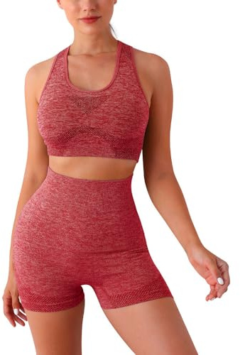 Havejoy Vetement Sport Femme Fitness Ensemble Deux Piece Short et Crop Top Soutien Gorge Tenue de Yoga Mode Survêtement Ete pour Jogging Gymnastique Training Danse Pilate Workoout Activewear Tracksuit