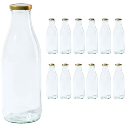 Vitrea 12 leere Glasflaschen 1 Liter Schraubverschluss Gold - Milchflaschen, Saftflaschen, große Flaschen zum Befüllen mit Deckel - für Milch, Saft, Smoothies, Öl - 12 Stück, TO48, Milch