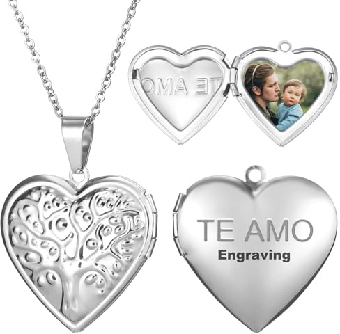 MeMeDIY Personalisiert Medaillon Kette mit Bild Damen Herz Medaillon Zum Öffnen Kette Halskette Gold/Silber/Rosegold Gravierte Gedenk Anhänger Halskette Schmuck Geschenke für Frauen