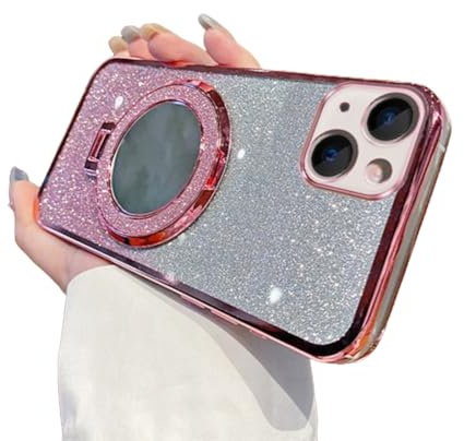 IMEIKONST Sparkly for iPhone 13 Mini Case Gradient Glitter Rose Gold DSJ | Makeup Mirror Ring Stand Function, Full Camera Protector, Soft Silicone Shockproof, Plated Transparent Cover for Girl Women