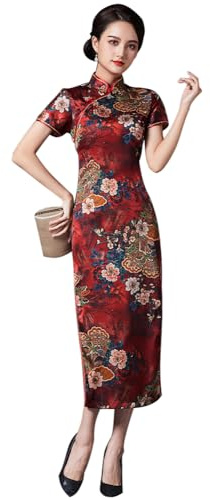 ZNLFS Damen Cheongsam Traditionelles chinesisches Kleid mit Seitenschlitz, schmal geschnitten, Midi-Kleid, Mandarinkragen, kurze Ärmel, Qipao, weinrot, 38