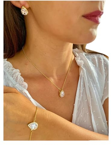 ONDEGO® Schmuckset Damen Gold – 3-teiliges Zirkonia Tropfen Set mit Halskette, Armband & Ohrringen – Funkelnder Brautschmuck inkl. Geschenkbox für Hochzeit, Abiball, Kommunion & festliche Anlässe