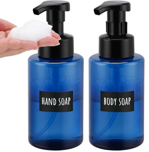 Segbeauty Dispensador Jabon Baño, 2 Piezas 400ml Dispensador Espuma, Botella para Espuma, Dispensador Jabon de Plástico, Dosificador Jabon con Etiquetas, Set de Baño (Azul)