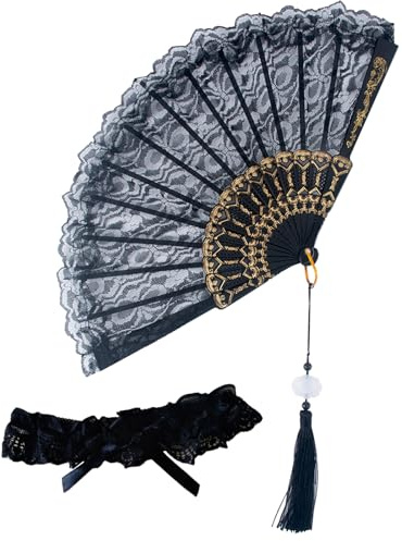 AYNKH Eastern Wind Handfächer aus Schwarzer Spitze mit Strumpfband Fächer Hochzeit BrautfäCher Fächer Schwarz Hochzeitsgeschenk für Hochzeit Fasching Party
