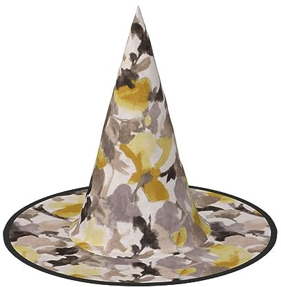 YFSGDLBN Halloween-Hut mit gelb-grauem Blumendruck, Hexenhut, spitzer Hut, dekorativer Hut