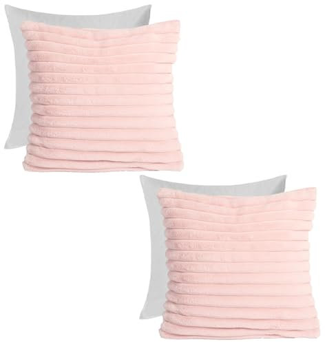OHS Cushions with Covers Included Faux Fur Ribbed, Throw Pillow Filler Cushion Inners Sofa Seat Cushions Thick Soft Comfy Living Room Cushion Pads, Pack of 2 - Blush Pink