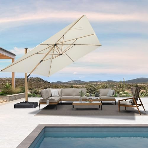 PURPLE LEAF Grand Parasol De Jardin Extérieur, Parasol Déporté Carré 3,65 x 3,65 m en Aluminium Aspect Bois, Rotation à 360°, Toile anti-UV 50+, Adapté aux Jardins Carrés Luxueux, Terrasse, Crème