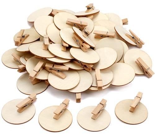 Jinsion 50 pinzas de madera de 4,8 cm, naturales con disco redondo, pinzas de madera, redondas, pinzas de madera, pinzas decorativas para tarjetas postales, cartas
