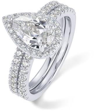 PAVOI Rhodium Plated 1.7CT Pear Cubic Zirconia Eternity Engagement Ring Fake Wedding Bridal Promise Pack for Women - Hidden Halo Ring Set - Size 7