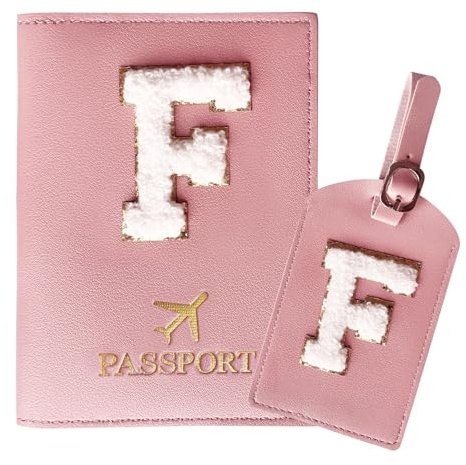ZVRSUA Reisepasshülle Rosa und Kofferanhänger Set mit Buchstabe F, Passport Hülle Reise Gadgets und Travel Essentials Hülle Reisepass,Geschenk für Frauen/Teenager/Mädchen/Kind(F)