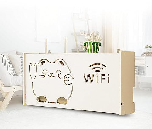 Wall Mounted Router Shelf with White Storage Box No Drill Floating Router Support Bracket 40x9.5x20cm