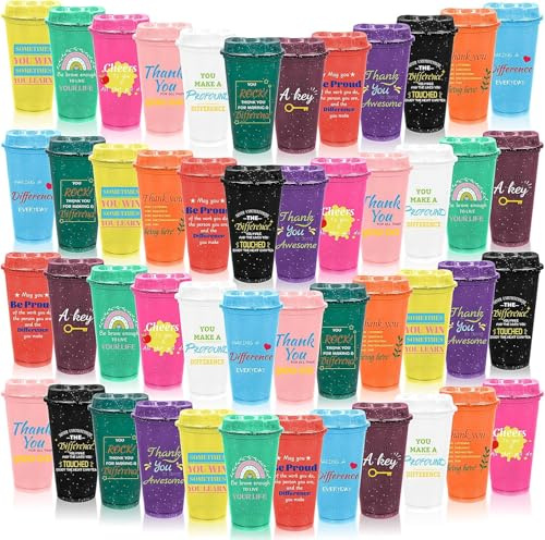 Lot de 48 tasses à café réutilisables en plastique avec couvercle - Cadeau de remerciement pour les employés - 470 ml - Cadeau de voyage pour collègues, employés et enseignants (colorés)