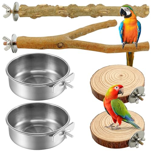 xianzhanEU Lot de 4 perchoirs naturels pour oiseaux, perchoirs pour perruches, avec 2 mangeoires, accessoires de cage à oiseaux, pour perroquets, calopsittes, canaris