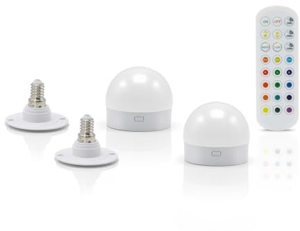 Auraglow Rechargeable Wireless LED Light Bulb with Remote – Battery-Powered, Dimmable, Colour-Changing, E14 Adaptor (2 Pack)