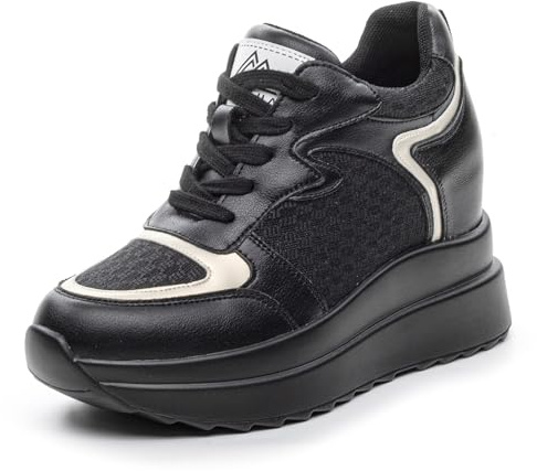 MIEHUIAI Basket Compensee Femme Plateforme Chaussures Compensées Baskets à Talon Mode À Lacets Sneakers Cuir Casual à L'intérieur Hausse 10cm(Noir,Taille 36)
