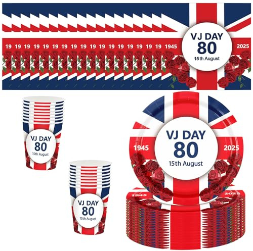 52P Celebration VJ-Day 80th Paper Plates Cups and Napkins,VJ Day 80th Anniversary Party Tableware,Memorabilia Union Jack Plate Cup Victory in Europe,VJ 80 Years Dinnerware Kit for Celebrat Party Décor