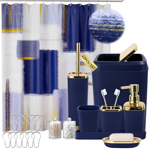 XLHOMO Blaues und goldenes Badezimmer-Zubehör-Set, Badezimmer-Sets mit Duschvorhang, blaues Badezimmerzubehör mit Mülleimer, Seifenspender, Seifenschale, WC-Bürstenhalter, Qtip Halter für Badezimmer
