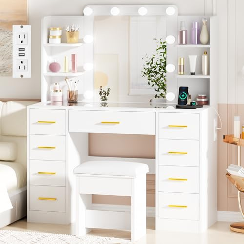 BEWISHOME Makeup Vanity Desk with Mirror and Lights White Vanity Table with Glass Top Power Outlet Stool,Makeup Desk with 9 Drawers and 4 Storage Shelves,Dressing Table for Bedroom Women FST39W
