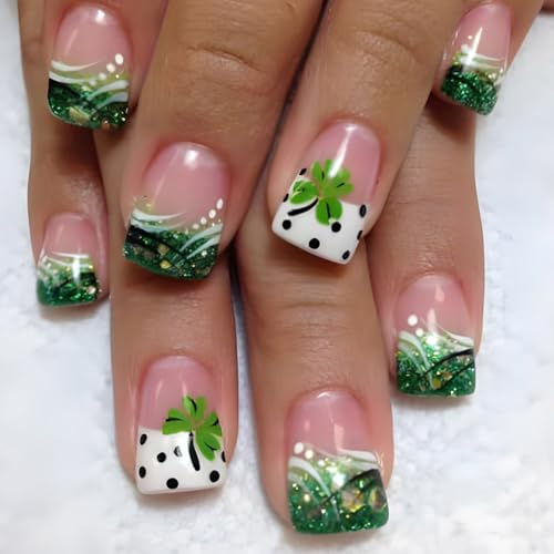 Lot de 24 faux ongles en acrylique vert à coller Motif trèfle