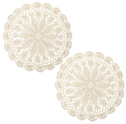 Crochet Doilies for Tables, 2 Pcs Beige Round Doilies for Furniture Vintage Handmade Lace Placemats Corrugated Edge Knitted Tablecloth for Home Kitchen Dining Room Wedding Party Decor