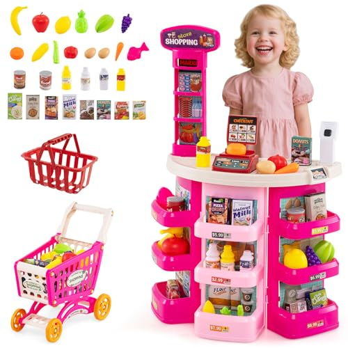COSTWAY 76-delad stormarknad med kundvagn, varubutik med våg, skanner med ljus och ljud, köpmansbutik med lekmat och tillbehör, leksaksset för barn från 3 år (rosa)