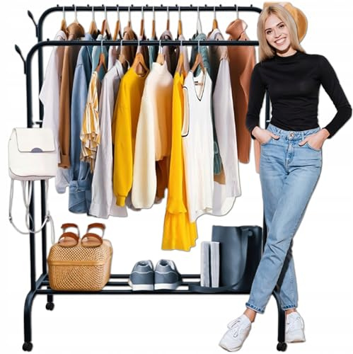 KRUMAD Kleiderständer auf Rollen 154x110x57,5 cm - Mit Doppelstange und Schuhregal – Rollbarer Kleiderständer Schwarz – Stabiler Garderobenständer Metall mit 4 Seitenhaken – Tragkraft 35 kg | Doppelstange mit Schuhregal und Haken, auf Rollen 154x110x57,5 cm, bis 35 kg, Schwarz, Stabil für Schlafzimmer, Groß, Stahl