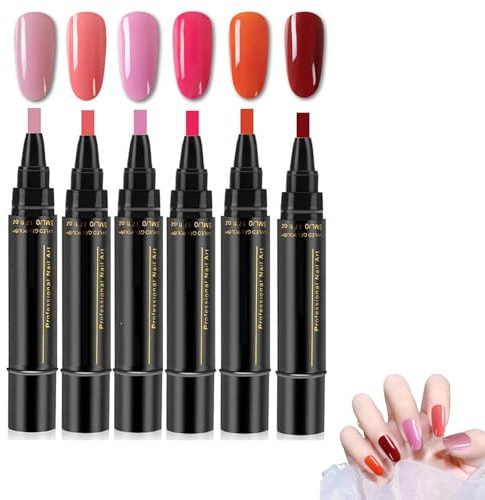 Nail Polish Pens UK, Nail Varnish Pens 3 In 1 Gel Nails Polish Pen Set, One Step Gel Nail Pens, DIY Nails Varnish Pen, Non UV Gel Nails Polis-h Crafts Pen, for Women Girls (6 Colors A)