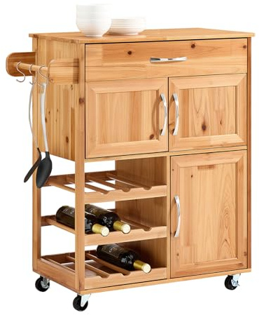 SoBuy Küchenwagen mit Rollen aus Massivholz & Weinregal, 75x86x38cm, Küche | Servierwagen mit Arbeitsplatte, 2 Schubladen, 2 Schränken, Haken & Weinregal für 9 Flaschen, für Esszimmer/Terrasse, FKW45-N