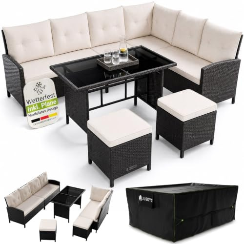 Juskys® Polyrattan Lounge Manacor mit Ecksofa, Esstisch, 2 Hocker & Kissen inkl. Abdeckung - wetterfest bis 7 Personen - Bezüge waschbar - Rattan Garten Sitzgruppe Gartenmöbel Set - Schwarz/Creme