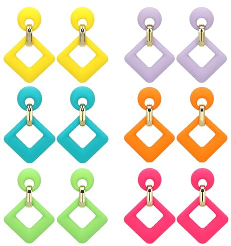 XEPST 6 Paare Bunte Creolen für Damen, Ohrringe Bunt hängend, 80er Jahre Retro Neon Ohrringe Modeschmuck Party Kostümzubehör Karneval