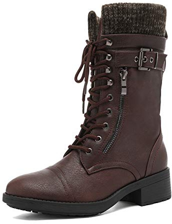 DREAM PAIRS Bottes Femme Mi-Mollet Style Militaire avec Fermeture Éclair, Lacets Ajustables, Poche Zippée et Doublure Chaude en Fausse Fourrure Confortable,Size 40,Bourgogne