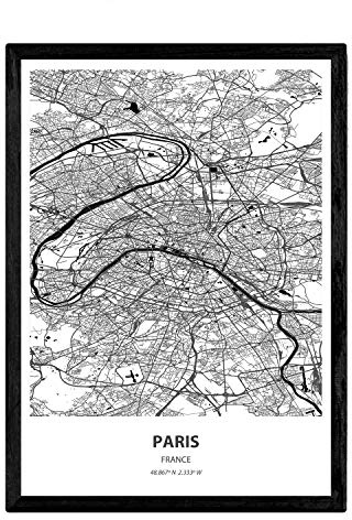 Nacnic Poster mappa di Parigi - Francia. Fogli città in Francia con mari e fiumi, in colore nero. formato A3