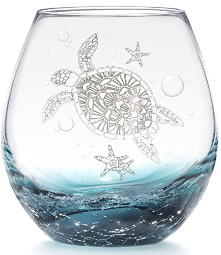 DOUDIZHU Sea Turtle Stemless Wine Glass, Ideal Unique Gifts for Sea Turtle Lovers, Birthday Gifts for Party Women Man Friends Co-Worker (Crackle Teal) | Unique Tortoise Ocean Beach-Themed Glassware Gift for Sea Turtle Lovers, Women, Mom, Birthday & Housewarming Party
