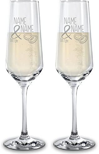 Sekt-Glas mit Gravur - Ringe - mit Namen & Datum selbst gestalten - Sekt-Gläser graviert für Paare, Geschenk Valentinstag, Hochzeit, Weihnachten, 2er-Set