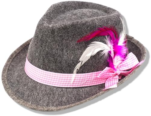 BF Souvenirs Sombrero tradicional ROSI gris con plumas blancas y rosadas/Baviera/Tirol/Fiesta de Carnaval, Rosa., Talla única