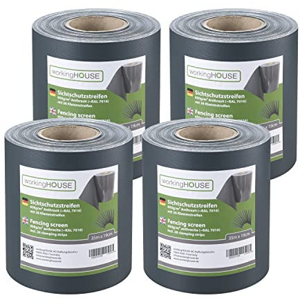 workingHOUSE 4 x 35 m Premium PVC Sichtschutzstreifen für Doppelstabmatten 650g/m² (Sichtschutz Zaun) - Wetterfest, Wartungsfrei, Leichte Montage - inkl. 26 Clips/Klemmstreifen (Anthrazit)