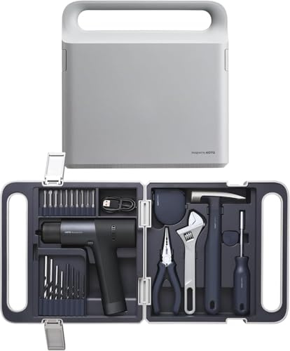 HOTO Werkzeugkoffer gefüllt 26-tlg Werkzeug Set, mit 12V Bohrmaschine, Schraubenzieher, Schraubenschlüssel, Hammer, Zange, Maßband, geeignet für Werkstätten und Haushalte, Grau/Dunkelblau