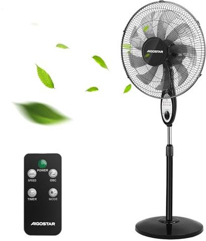 Aigostar Carr - Standventilator Sehr Leise mit 9 Flügel, Ventilator mit Fernbedienung, 80° Oszillation, 7,5H Timer, 3 Modi, 3 Geschwindigkeiten, Höhenverstellbar Lufter, Winkelverstellbar, 60W