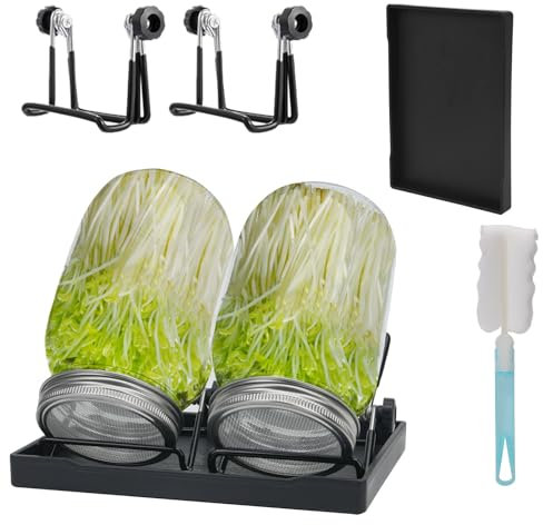 Deefongo Sprouting Kit 2 pcs, 1000ml Wide Mouth Quart Jars Sprouts Growing Kit with Screened Sprouting Lids, Holder and Canning Brush for Growing Broccoli, Alfalfa, Mung Beans (Black)