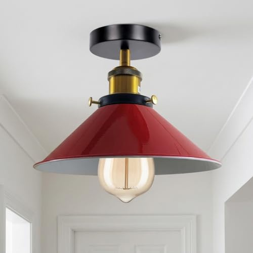 LEDSone Moderne Unterputz-Deckenleuchten aus Metall, LED-Leuchten, halbbündige Pendelleuchte, Metall-Kronleuchter, 22 cm kegelförmiger Lampenschirm, für Flur, Wohnzimmer (Rot)