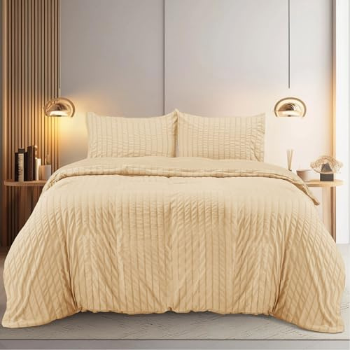 Utopia Bedding Seersucker Housse de Couette 200x200 cm avec 2 Taies d'oreiller 50x75 cm (Beige) - Parure de Lit 200x200 cm - Ensembles de Housses de Couette en Microfibre brossée Douce