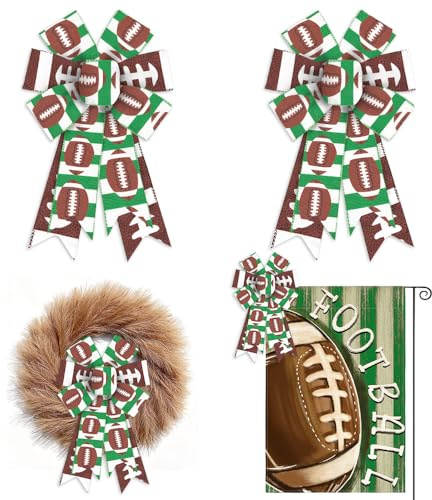 Glodecart 2PCS Football Bow for Wreath Super Bowl, Green Stripe Football Wreath Bow for Football Party Décor, Game Day Sports Wreath Bow for Football Season Outdoor Wall Tree Topper Supplies Ornament