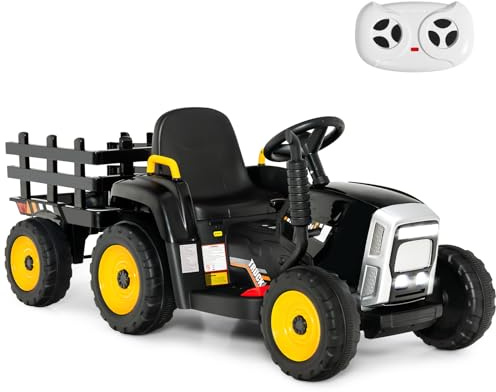 GYMAX Kids Electric Tractor with Detachable Trailer, LED Lights, Music, Horn, USB & Bluetooth, 12V Battery Powered Ride on Car for 3 Years Old + Boys Girls (Dark)