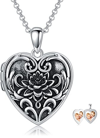 enjoylifecreative Lotus Foto Medaillon Halskette für Damen 925er Sterling Silber Lotusblume Herz Medaillon zum öffnen für Bilder Lotusblüte Anhänger Kette mit Foto Schmuck Geschenk für Frauen Mädchen
