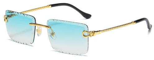LIGOES Lunettes de soleil rectangulaires sans monture UV400 Jambe en métal Lunettes de soleil sans cadre Mer Vert Bleu Lunettes Ombre