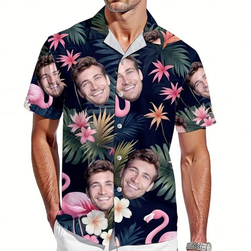 VEELU Personalisiert Hawaii Hemd Herren Kurzarm mit Gesicht Foto Funky Hawaiihemd für Männer Sommer Flamingos Blume Bedruckter Strand Beilaufig Hawaii Hemdt für Freund, Ehemann, Vater