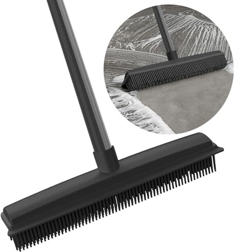 Scopa in Gomma 2 in 1 con Bordo Racchetta e Spazzola per Moquette, Manico Lungo Regolabile 156cm, Rimozione Peli di Animali Domestici Ideale per Cucina, Giardino, Cortile, Finestre (Nero)