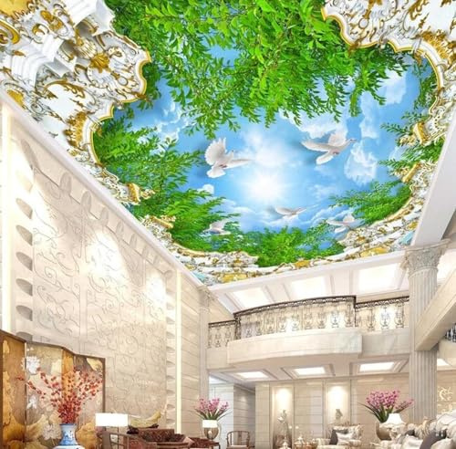 YIBUHANG Papier peint auto-adhésif en pvc 3d pour plafond, papier peint rétro en plâtre, plante verte, pigeon, chambre à coucher, autocollant d'art mural pour plafond