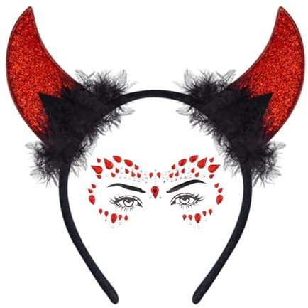 CXNXFD Karneval Teufel Hörner Glitter Tattoo Gesicht, Teufel Horn Haar Zubehör Stirnband, Männer Frauen Horn Kopfschmuck Teufel Zubehör Karneval Party